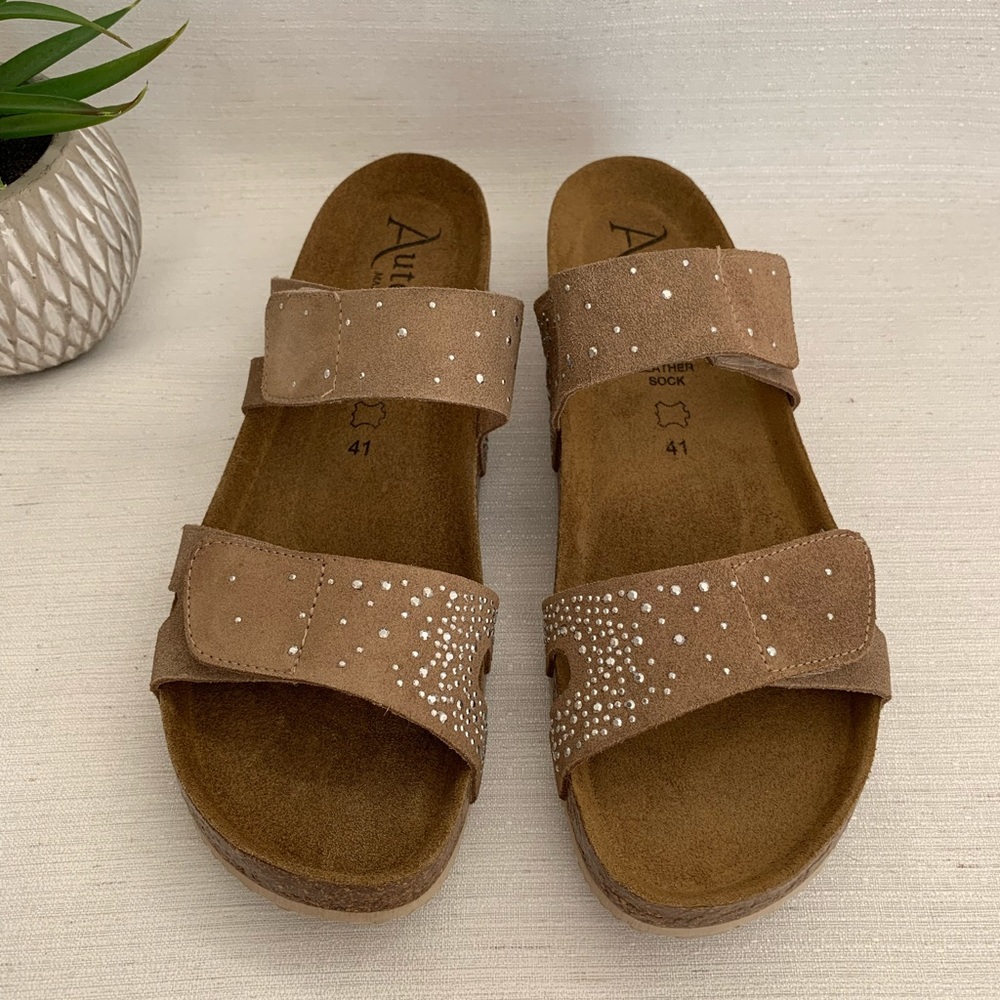 Autenti Tan Suede Leather Rhinestone Slide Sandals Woman’s EU41 US10